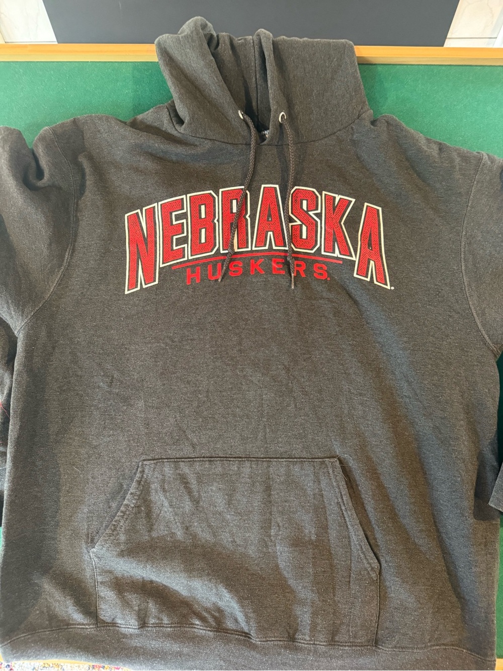 Champion Gray Hoodie with Red Nebraska Huskers Lettering